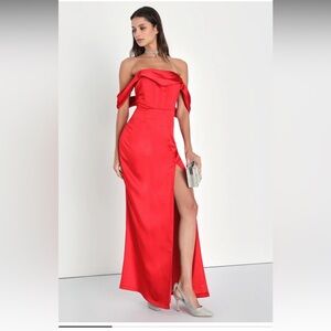 Lulus Exquisite Stunner Red Satin Off-The-Shoulder Bustier Maxi Dress